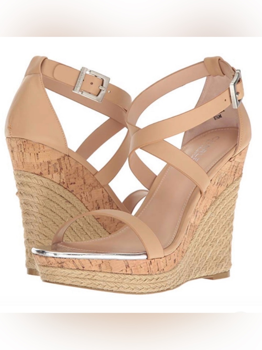 Charles David Strappy Cork Espadrille Platform Wedge Sandals Nude 6.5M